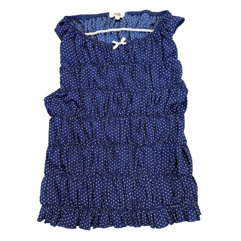 Sugar Kiss Navy Blue Polka Dot Smocked Tube Top Strapless Ruffle Hem‎ Size L